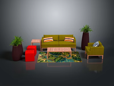 Vibrant Living Room Interior With Green Sofa Red Stools Coffee Table And Tropical Rug 3d model