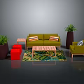 Vibrant Living Room Interior With Green Sofa Red Stools Coffee Table And Tropical Rug