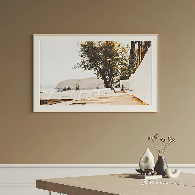 Scenic Oil Painting With Green Tree White Wall Path And Distant Mountain 3d model 