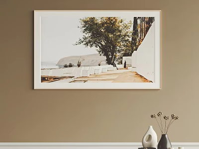 Scenic Oil Painting With Green Tree White Wall Path And Distant Mountain 3d model