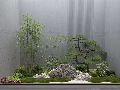 Modern Indoor Miniature Garden Design With Bonsai Pine Bamboo Rocks And Moss 3d model