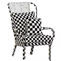 Stylish Rattan Leisure Chair With Armrests Light Colored Cushion And Geometric Pattern Pillow