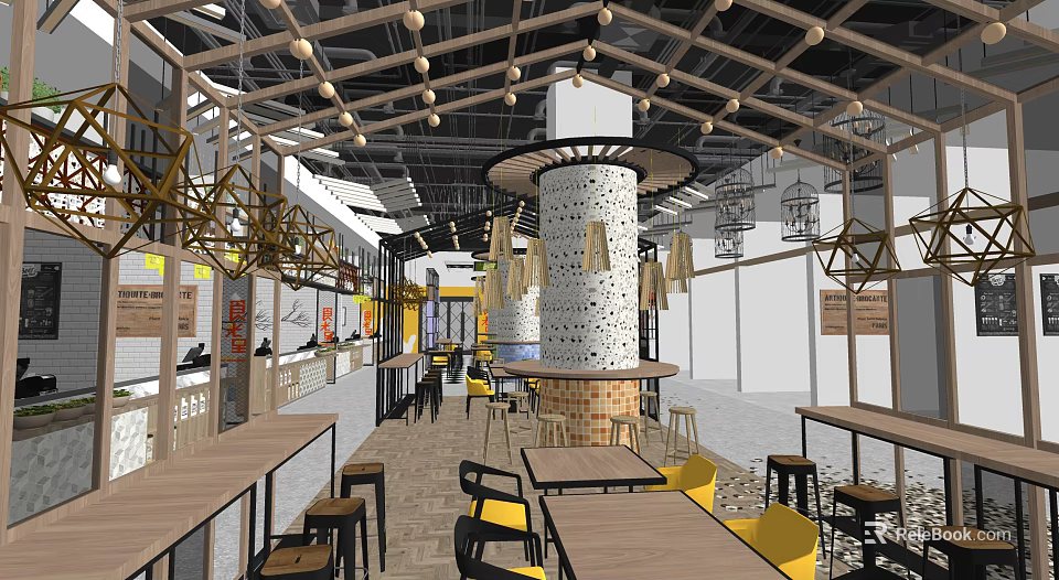 Modern Restaurant Interior With Open Layout Wooden Tables Yellow Chairs And Central Pillar 3d model 