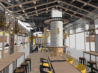 Modern Restaurant Interior With Open Layout Wooden Tables Yellow Chairs And Central Pillar 3d model