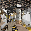 Modern Restaurant Interior With Open Layout Wooden Tables Yellow Chairs And Central Pillar