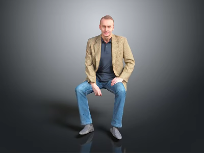 A Man in Beige Blazer Dark Shirt Blue Jeans and Gray Shoes Sitting Against Gray Background 3d model