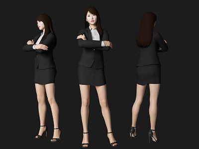 Professional Woman in Black Suit Skirt High Heels Arms Crossed Three Angles Front Side Back 3d model