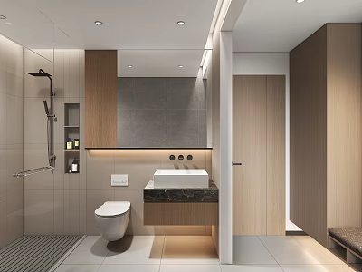 Hotel Bathroom Modern Design With Shower Toilet Vanity Marble Countertop Wooden Cabinets And Large Mirror 3d model