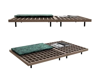 Modern Minimalist Coffee Table With Wooden Grid Frame Green Stone Tabletop And Black Legs 3d model