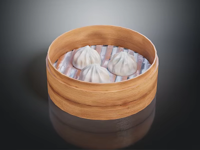 Fresh Steamed Buns in Traditional Bamboo Steamer with Paper Liner 3d model