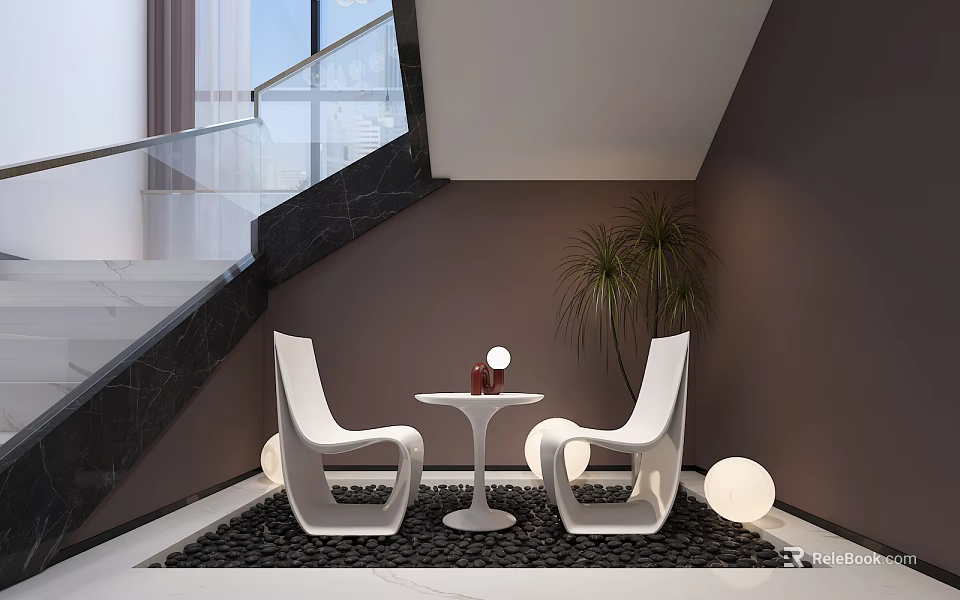 White Modern Chairs And Round Table Setup With Red Bottle Green Plant Black Pebble Floor 3d model 