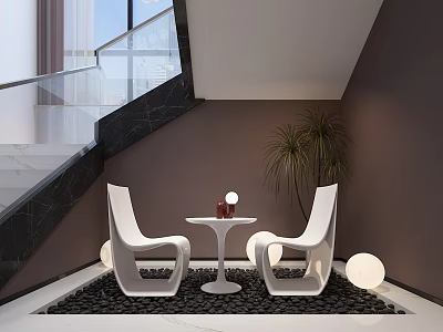 White Modern Chairs And Round Table Setup With Red Bottle Green Plant Black Pebble Floor 3d model