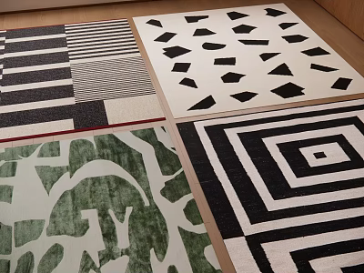 Square Rugs with Geometric Patterns Black and White Green Plant Motifs Abstract Designs 3d model