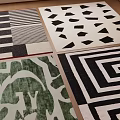 Square Rugs with Geometric Patterns Black and White Green Plant Motifs Abstract Designs