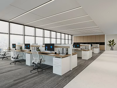 Modern Spacious Public Office Space With Open Layout Workstations Computers White Chairs And Large Windows 3d model