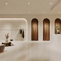 Modern Clothing Store Interior With White Walls Curved Design Arched Doors And Hanging Clothes