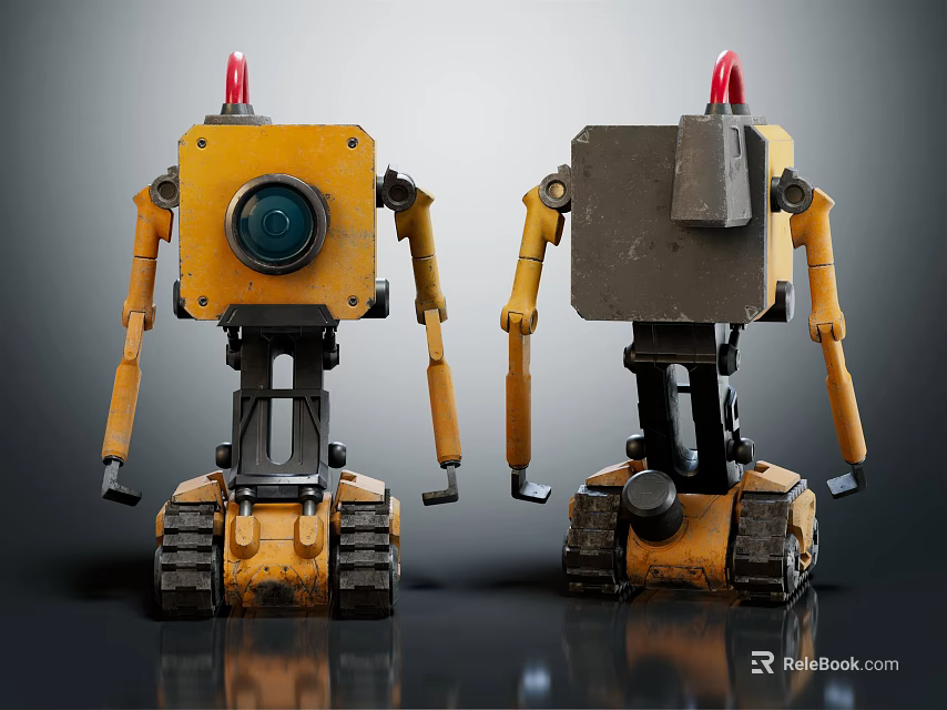Yellow Robots With Red Antennas Tracked Legs And Different Head Designs 3d model 