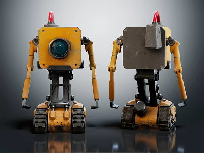Yellow Robots With Red Antennas Tracked Legs And Different Head Designs 3d model