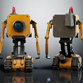 Yellow Robots With Red Antennas Tracked Legs And Different Head Designs