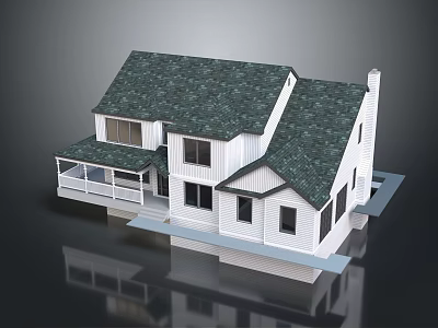 Two Story Detached House With Green Shingle Roof White Exterior And Front Porch 3d model