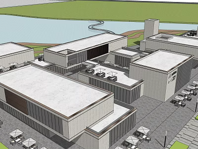 Modern Commercial Complex Featuring Multiple Buildings Outdoor Dining Parking And Waterfront View 3d model