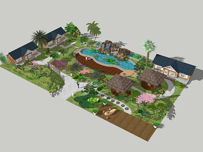 Tropical Garden Landscape With Houses Swimming Pool Rock Waterfall Palm Trees And Pavilions 3d model