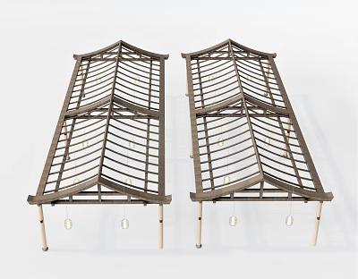 Wooden Arched Pavilion Like Structure With Slatted Roof And Support Columns Hanging Lights 3d model