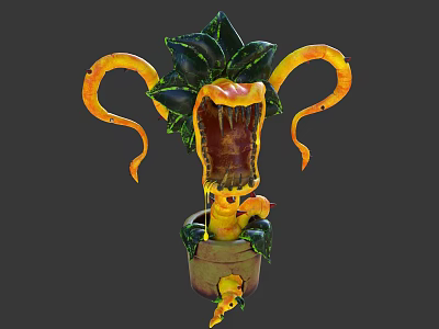 Exotic Flower Plant with Yellow Tentacles Green Leaves and Mouth Like Structure in Flower Pot 3d model