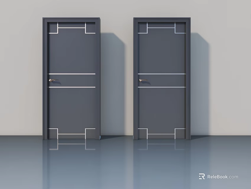 Modern Gray Swing Doors With White Line Decorations And Gold Handles 3d model 