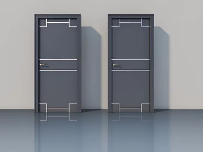 Modern Gray Swing Doors With White Line Decorations And Gold Handles 3d model