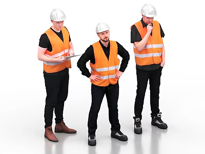 Men In Orange Safety Vests And White Hard Hats Standing At Construction Work Site 3d model