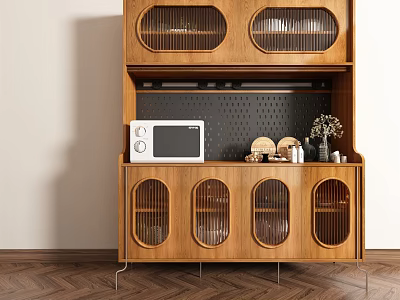 Modern Wooden Sideboard with Lattice Doors Microwave and Decorations on Perforated Panel 3d model