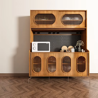 Modern Wooden Sideboard with Lattice Doors Microwave and Decorations on Perforated Panel 3d model