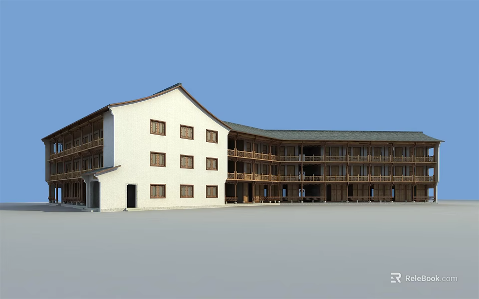 Modern Hotel Building With White Exterior Wooden Balconies And Multiple Windows 3d model 