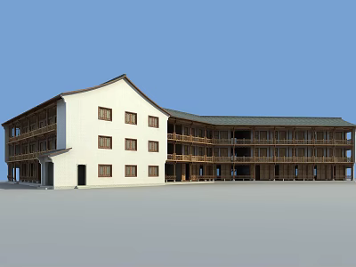 Modern Hotel Building With White Exterior Wooden Balconies And Multiple Windows 3d model