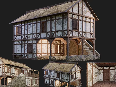 Traditional Ancient Building With Thatched Roof Wooden Frame Structure Stone Steps And Interior Details Design 3d model