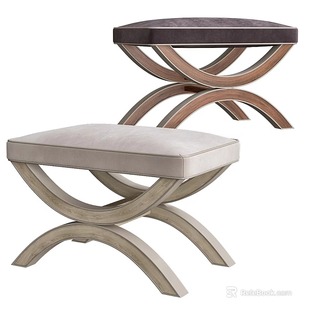 Modern Light And Dark Wooden Stools With Crossed Legs And Upholstered Seats 3d model 