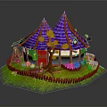 Halloween Cottage With Purple Roof Orange Pumpkins Spider Webs Fence And Grass