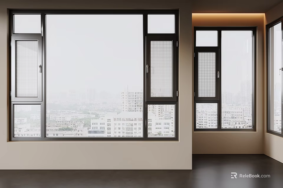Modern Casement Windows With Black Frames And Urban View In Spacious Interior 3d model 