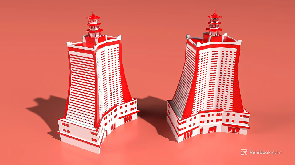 Modern Red And White Hotel Building With Twin Towers Chinese Style Pagoda Tops Design 3d model 