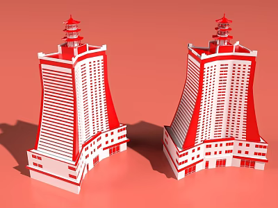 Modern Red And White Hotel Building With Twin Towers Chinese Style Pagoda Tops Design 3d model