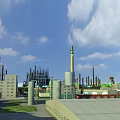 Industrial Factory Plant with Chimney Pipes Storage Tanks Buildings Under Blue Sky