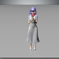 Purple Haired Girl In White Dress Holding Pink Flower Against Gray Background With Floor Reflection