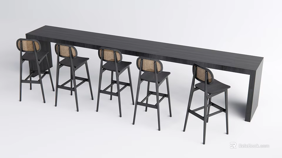 Modern Black Bar Counter with Bar Stools and Woven Backrests Design 3d model 