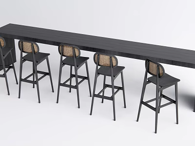 Modern Black Bar Counter with Bar Stools and Woven Backrests Design 3d model