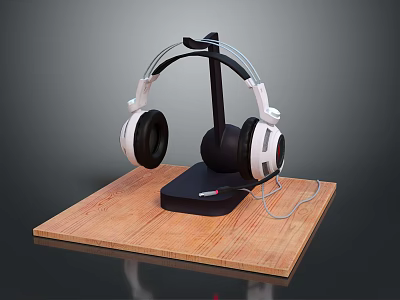 White And Black Headphones On Black Stand With Wooden Platform And Cable 3d model