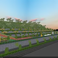Aerial View Planning of Scenic Resort with Parking Lot Red Cars Trees and Buildings