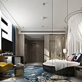 Modern Hotel Guest Room With Round Bed White Canopy Yellow Chair And White Horse Painting
