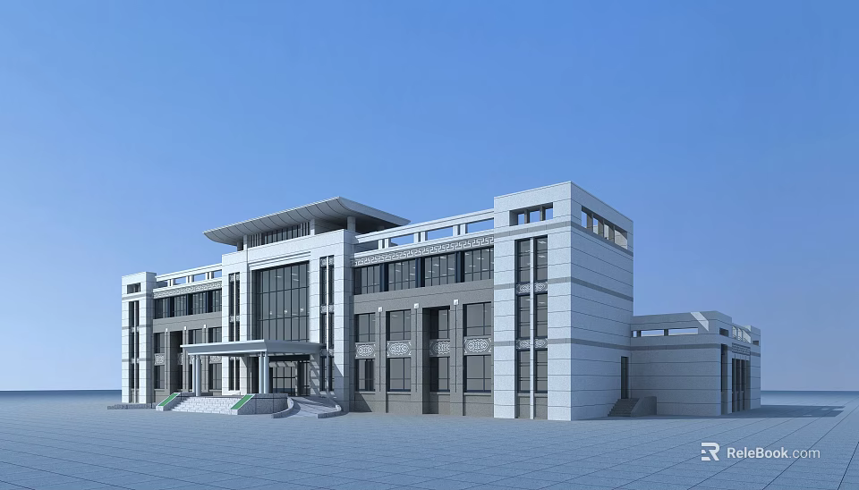 Modern Office Building Exterior Design With White Gray Facade And Large Glass Windows 3d model 