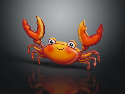 Playful 3D Cartoon Orange Crab with Large Claws Smiling Face and Shiny Reflection 3d model